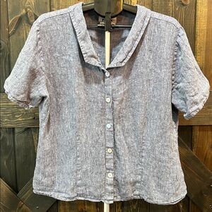 FLAX Button-Front Top Size L Minimalist Lagenlook Linen‎ Chambray Blue FLAWED